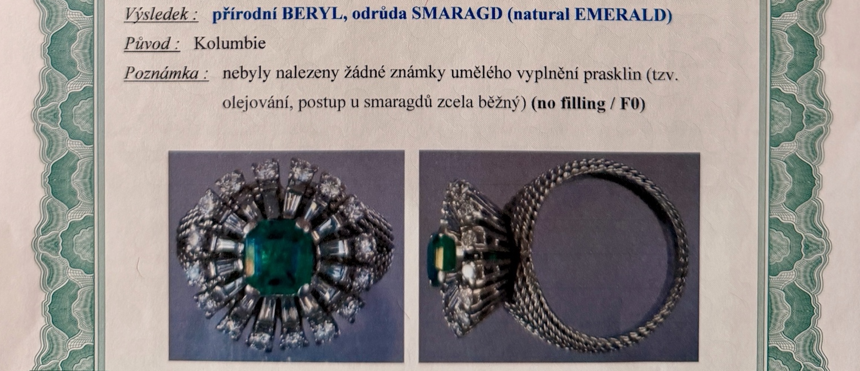 certifikát pro antik prsten s kolumbijským smaradgem